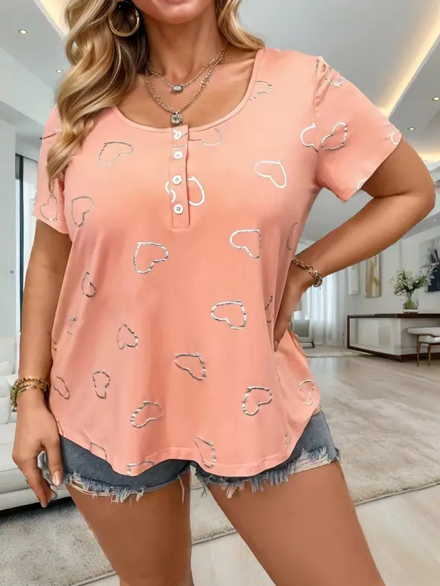 European And American Round Neck Button Heart Printing Short Sleeve Pink - Shop at LoveMi