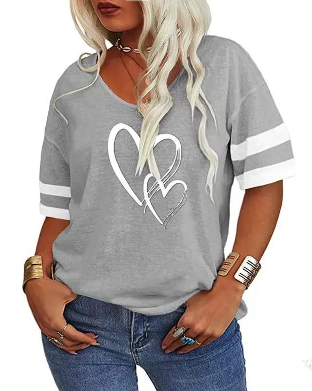 European And American V neck Loose Casual Cross Heart Printing Color Matching Short Sleeve Gray - Shop at LoveMi