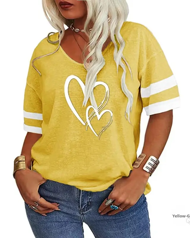 European And American V neck Loose Casual Cross Heart Printing Color Matching Short Sleeve Yellow - Shop at LoveMi