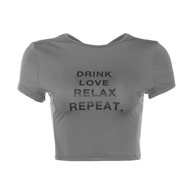 European And American Round Neck T shirt Letter Printing Midriff baring Short Sleeve Gray - Shop at LoveMi