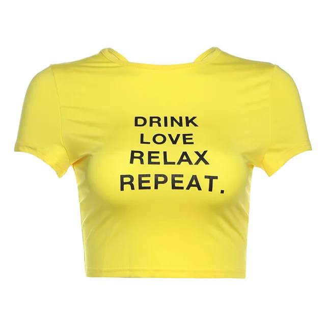 European And American Round Neck T shirt Letter Printing Midriff baring Short Sleeve Yellow - Shop at LoveMi