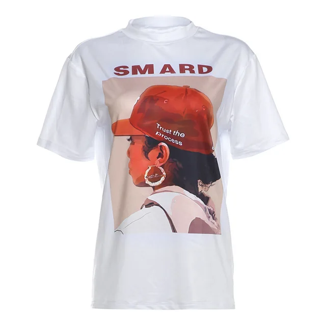 European And American Ins Fashion Personalized Black Head Printed Top Loose Short Sleeve White - Shop at LoveMi