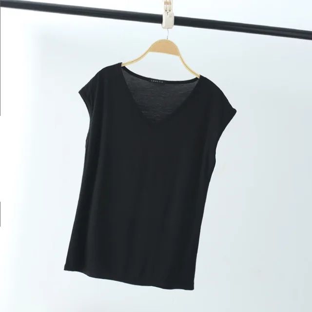 Solid Color And V neck Sleeveless Loose Women's T shirt Casual Bottoming Shirt Inner Wear Blouse Black - Shop at LoveMi