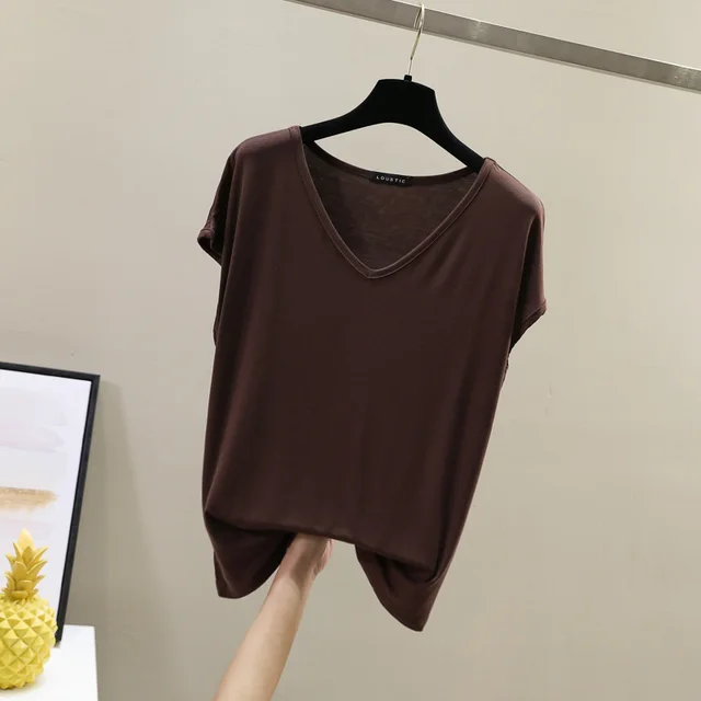 Solid Color And V neck Sleeveless Loose Women's T shirt Casual Bottoming Shirt Inner Wear Blouse Coffee - Shop at LoveMi