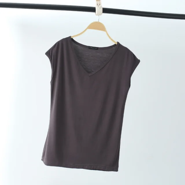 Solid Color And V neck Sleeveless Loose Women's T shirt Casual Bottoming Shirt Inner Wear Blouse Iron Gray - Shop at LoveMi