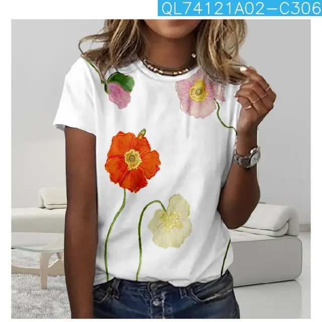 Flower 3D Digital Printing Casual Trend Short Sleeve Women's T shirt White Line C306 - Shop at LoveMi