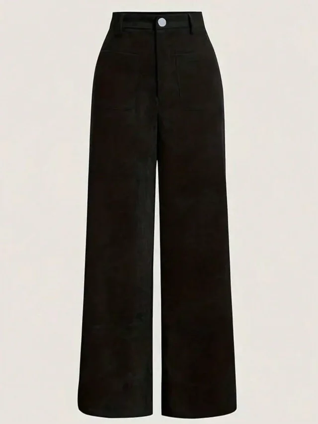 Women's Casual Straight leg Solid Color Velvet Trousers Black - Shop at LoveMi