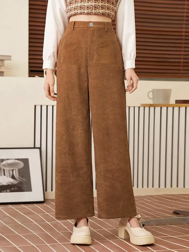 Women's Casual Straight leg Solid Color Velvet Trousers Brown - Shop at LoveMi