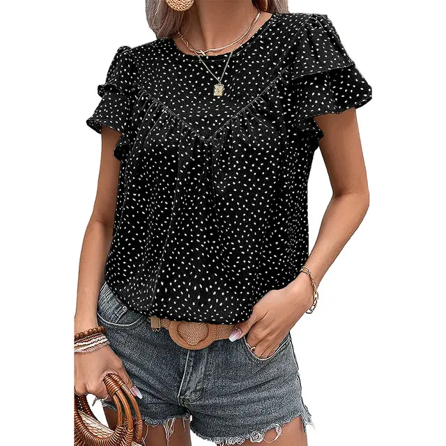 Layered Ruffled Short Sleeves T shirt European And American Fashion Retro Dots Black - Shop at LoveMi