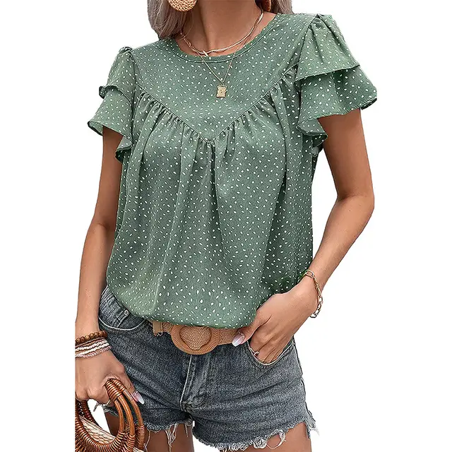 Layered Ruffled Short Sleeves T shirt European And American Fashion Retro Dots Green - Shop at LoveMi