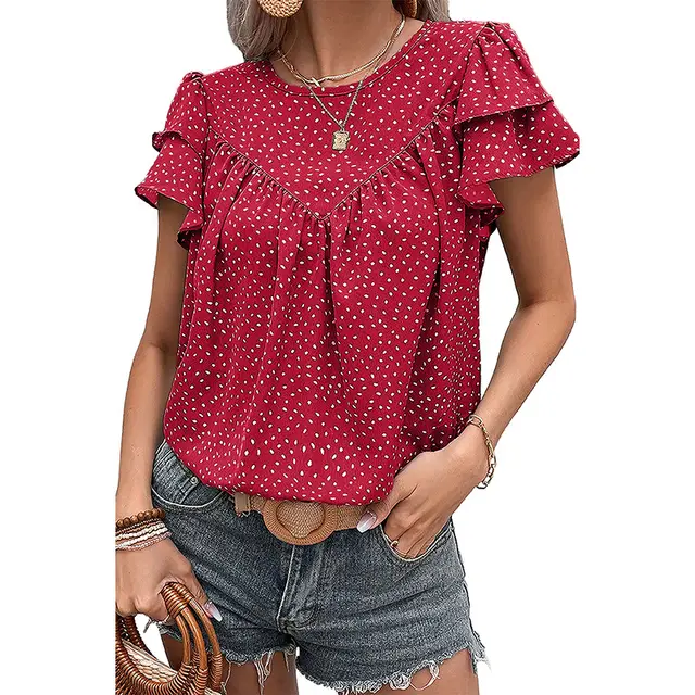Layered Ruffled Short Sleeves T shirt European And American Fashion Retro Dots Red - Shop at LoveMi