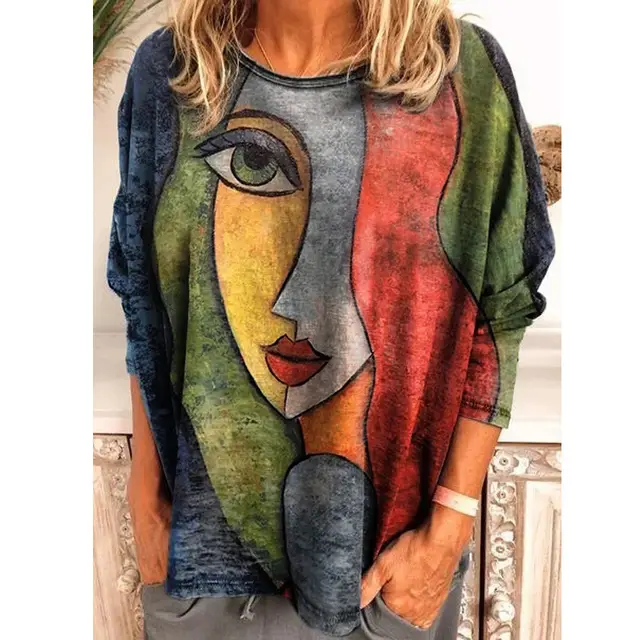 Autumn And Winter Printing Face Art Long Sleeve T shirt Red - Shop at LoveMi