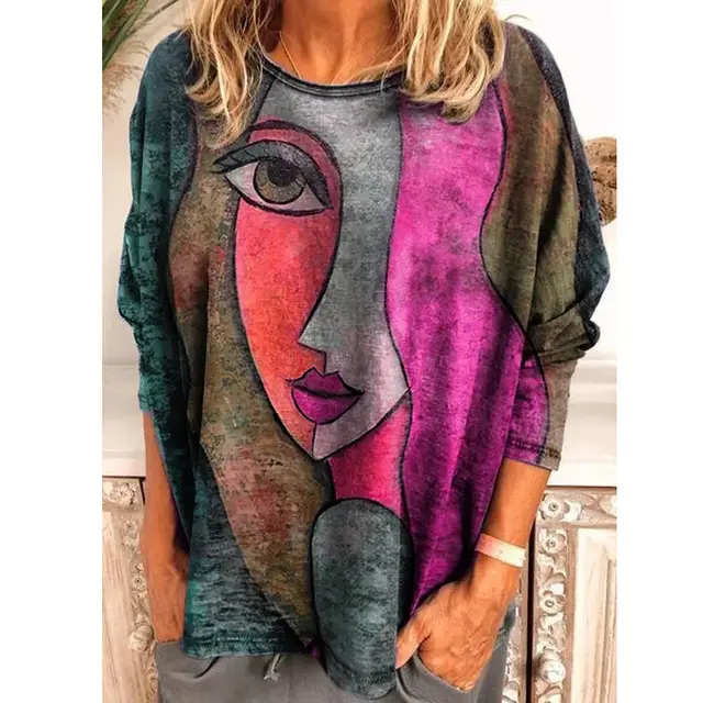 Autumn And Winter Printing Face Art Long Sleeve T shirt Rose Red - Shop at LoveMi