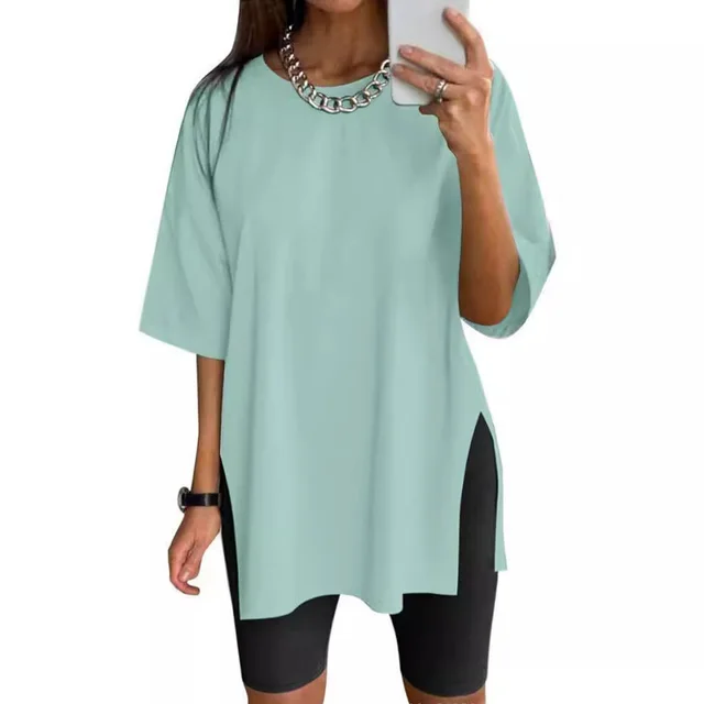 Women's Solid Color Split Short sleeved T shirt Round Neck Loose Top Light Green - Shop at LoveMi