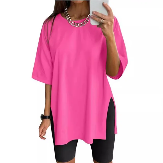Women's Solid Color Split Short sleeved T shirt Round Neck Loose Top Rose Red - Shop at LoveMi