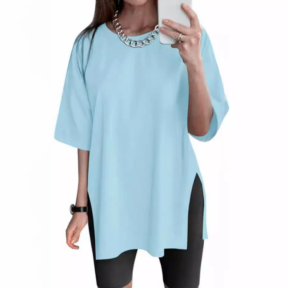 Women's Solid Colour Split Short-sleeved T-shirt Round Neck Loose Top - Sky Blue