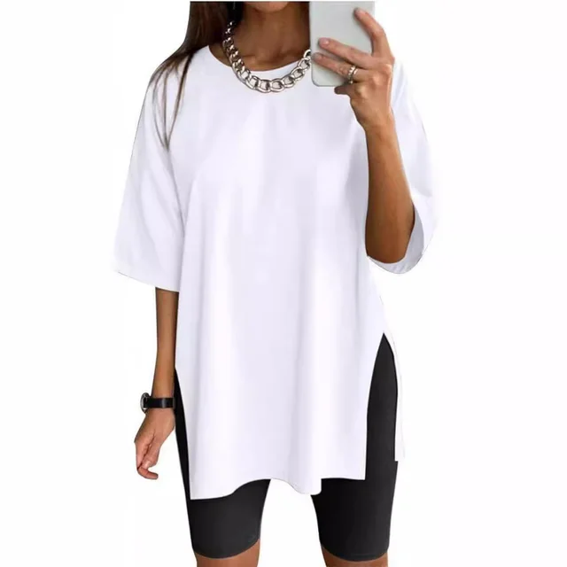 Women's Solid Color Split Short sleeved T shirt Round Neck Loose Top White - Shop at LoveMi