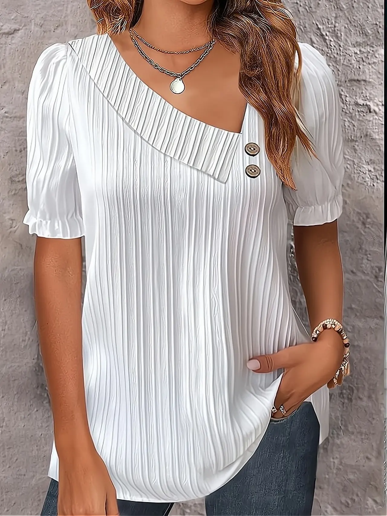 Summer Simplicity V-neck Buttons Solid Colour Shirt - White