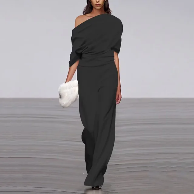 Off neck Jumpsuit Loose Casual Women's Clothing Solid Color Black - Shop at LoveMi