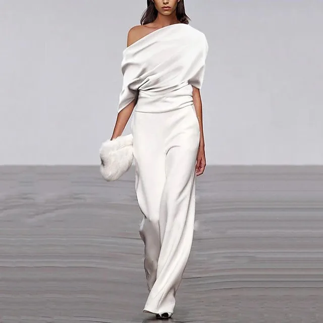 Off neck Jumpsuit Loose Casual Women's Clothing Solid Color White - Shop at LoveMi
