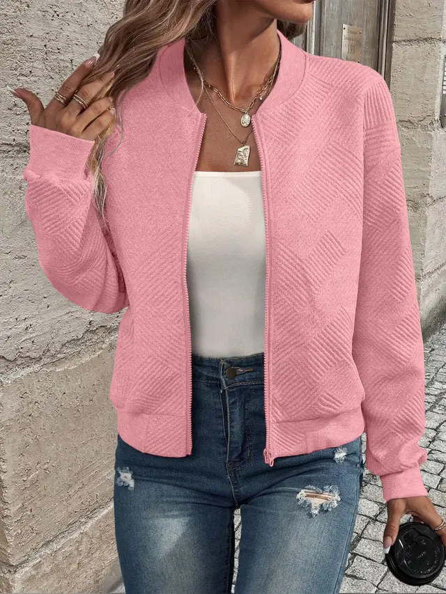 Women's Long Sleeve Knitted Cardigan Zipper Decoration Pink - Shop at LoveMi