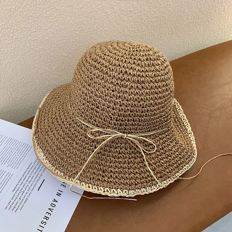 Brim Sun-proof Sun Protection Beach Trip All-matching Sun-proof Dome Straw Hollow Breathable Straw Hat - Khaki