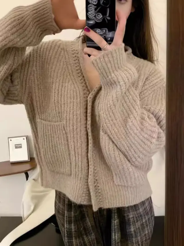 Simple Ins Solid Color Cardigan Jacket V neck Warm Sweater Khaki - Shop at LoveMi