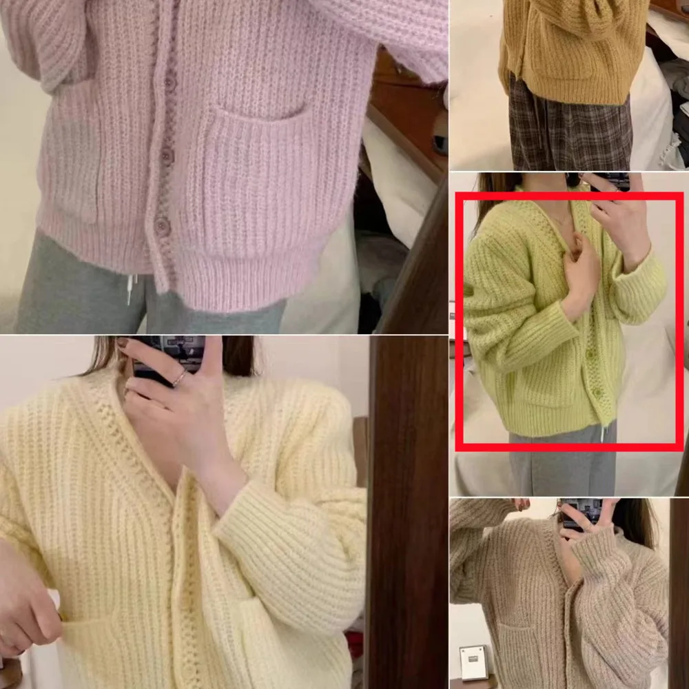 Simple Ins Solid Color Cardigan Jacket V neck Warm Sweater Light Green - Shop at LoveMi