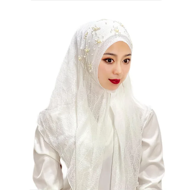 Malay Ladies Tassel Solid Color Headscarf Gold Silk Beaded 5 White - Shop at LoveMi