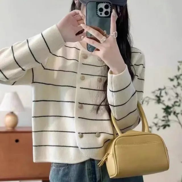 Double Breasted Western Style Classic Striped Color Collision Design Loose Round Neck Cardigan White - Shop at LoveMi