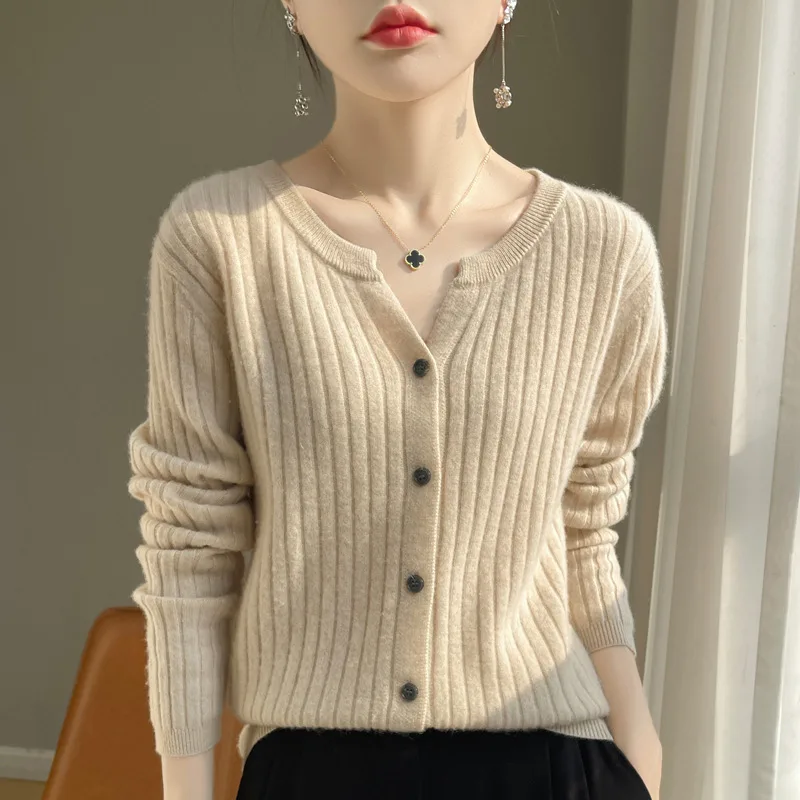 Round Neck Slim fit Short Striped Solid Color Knitted Cardigan Jacket Beige - Shop at LoveMi