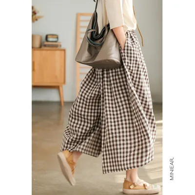 Wide Leg Culottes Plus Size Loose Cotton And Linen Comfortable Casual Pants Mogul Grid 2Xl - Shop at LoveMi