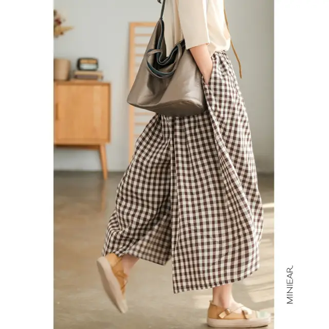 Wide Leg Culottes Plus Size Loose Cotton And Linen Comfortable Casual Pants Mogul Grid - Shop at LoveMi
