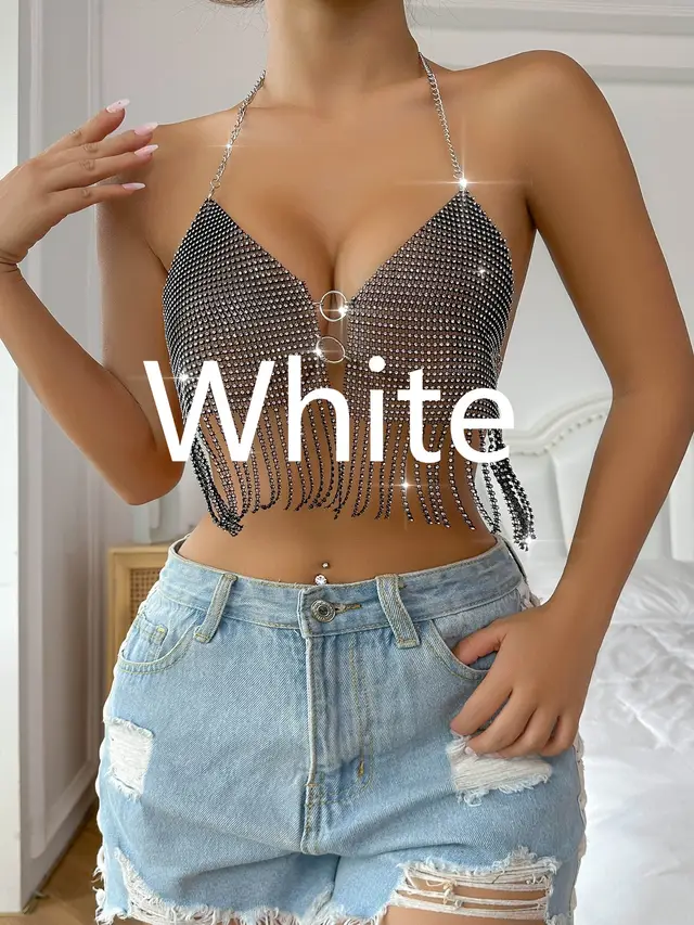 Women's Mesh Rhinestone Fishnet Slim Top White - Shop at LoveMi