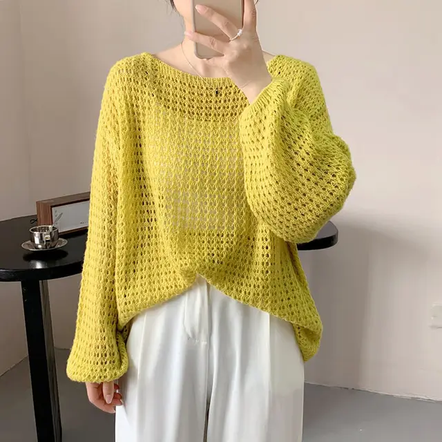 Hollow out Long sleeved Sweater Thin Breathable Crew Neck Pullover Sweater Yellow - Shop at LoveMi