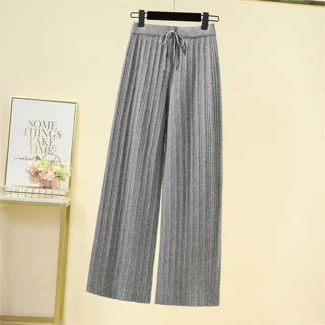 Elastic High Waist Pure Color Knitted Wide leg Trousers Gray - Shop at LoveMi