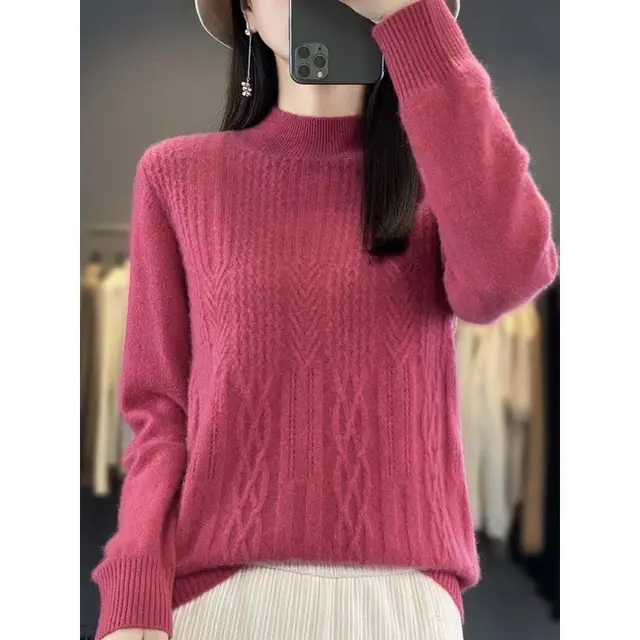 Autumn And Winter Mock Neck Sweater Fashion Pullover Solid Color Sweater Rose Red - Shop at LoveMi