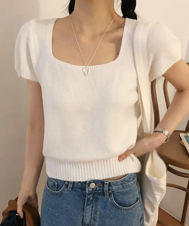 Solid Color Fashion Temperament Square Collar Pullover Short Sleeve Sweater White - Shop at LoveMi