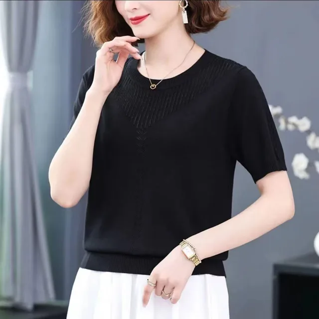 Summer Hollow out Ice Silk Short Sleeve Middle aged Round Neck Knitted Shirt Thin Black - Shop at LoveMi