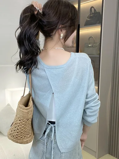 Thin Lace Up Knitted Top Women's Design New Long Sleeve Light Blue - Shop at LoveMi