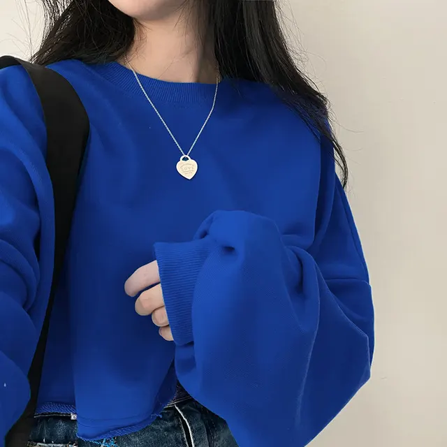 Loose fitting Cropped Round Neck Women's Top Blue - Shop at LoveMi