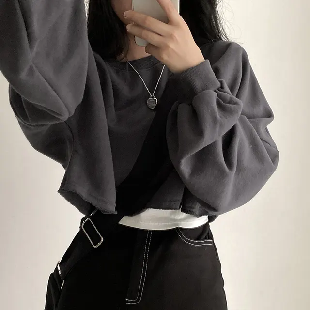 Loose fitting Cropped Round Neck Women's Top Gray - Shop at LoveMi