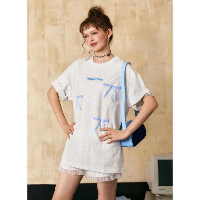 Women's Retro Short sleeved T shirt With Bow Greige - Shop at LoveMi