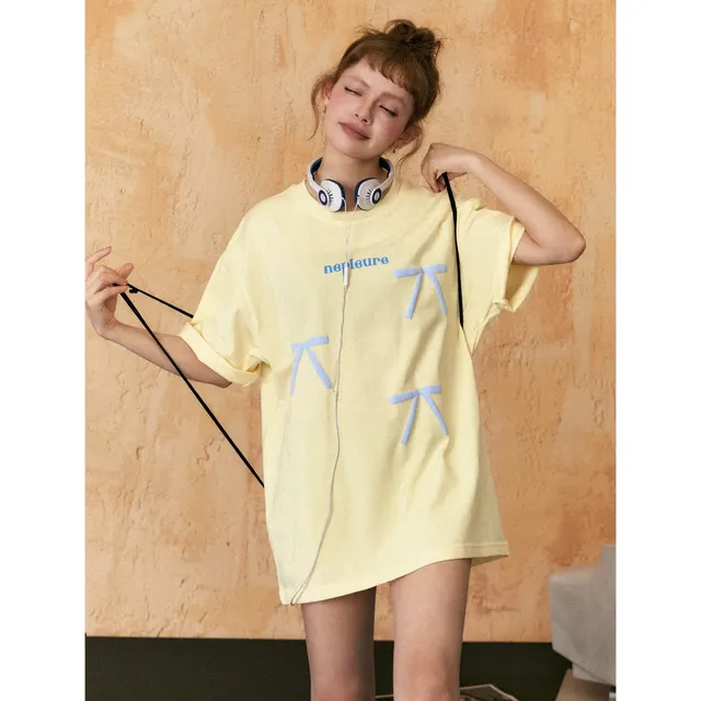 Women's Retro Short sleeved T shirt With Bow Yellow - Shop at LoveMi