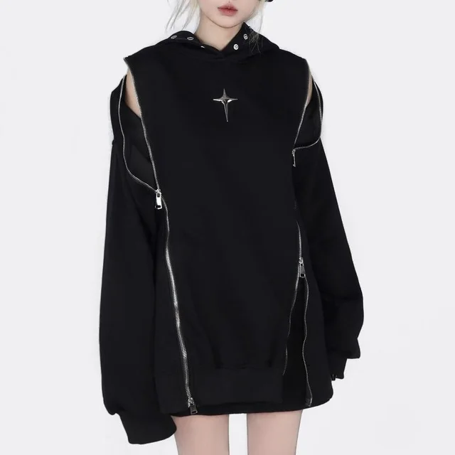 Hollow Out Shoulder baring Hoodie Coat Black - Shop at LoveMi