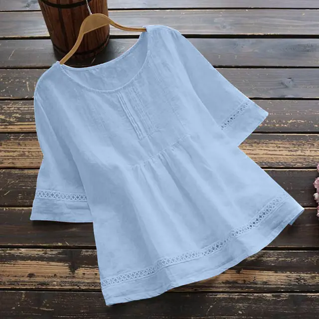 Summer Solid Color Cotton And Linen Top Half Sleeve Blue - Shop at LoveMi