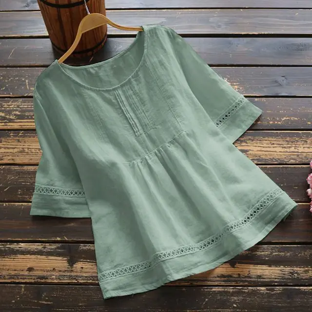 Summer Solid Color Cotton And Linen Top Half Sleeve Green - Shop at LoveMi