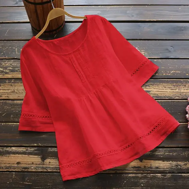 Summer Solid Color Cotton And Linen Top Half Sleeve Red - Shop at LoveMi