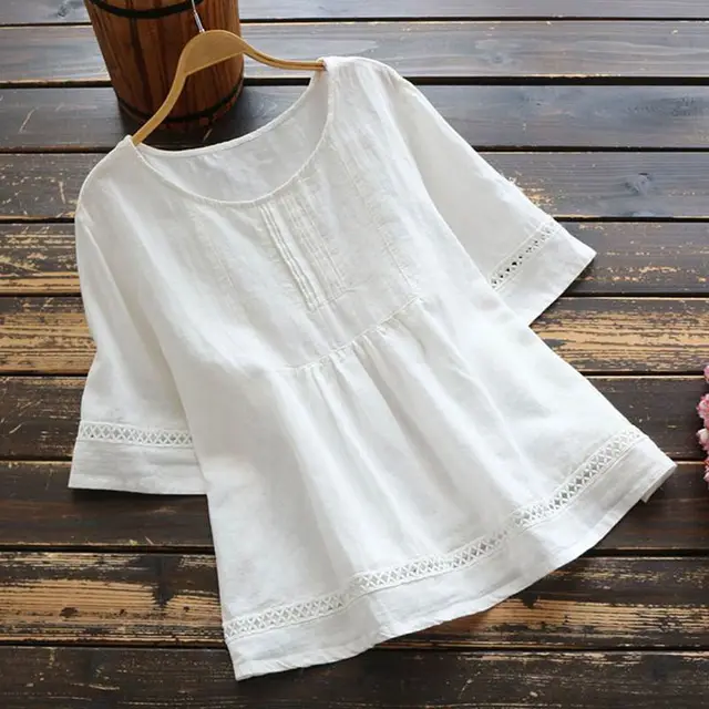 Summer Solid Color Cotton And Linen Top Half Sleeve White - Shop at LoveMi