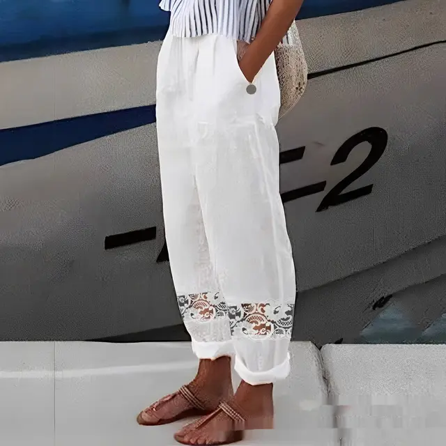 European And American Cotton And Linen Lace Stitching Button Elastic Waist Casual Pants White - Shop at LoveMi